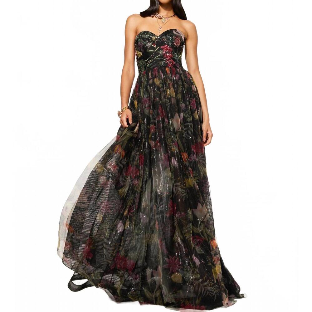 NEW AFEW RAHUL MISHRA plantopia gown in black multi